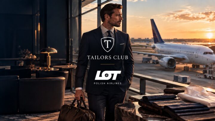 Tailors Club × LOT — mężczyzna w garniturze w salonie lotniskowym, samolot i logotypy obu marek