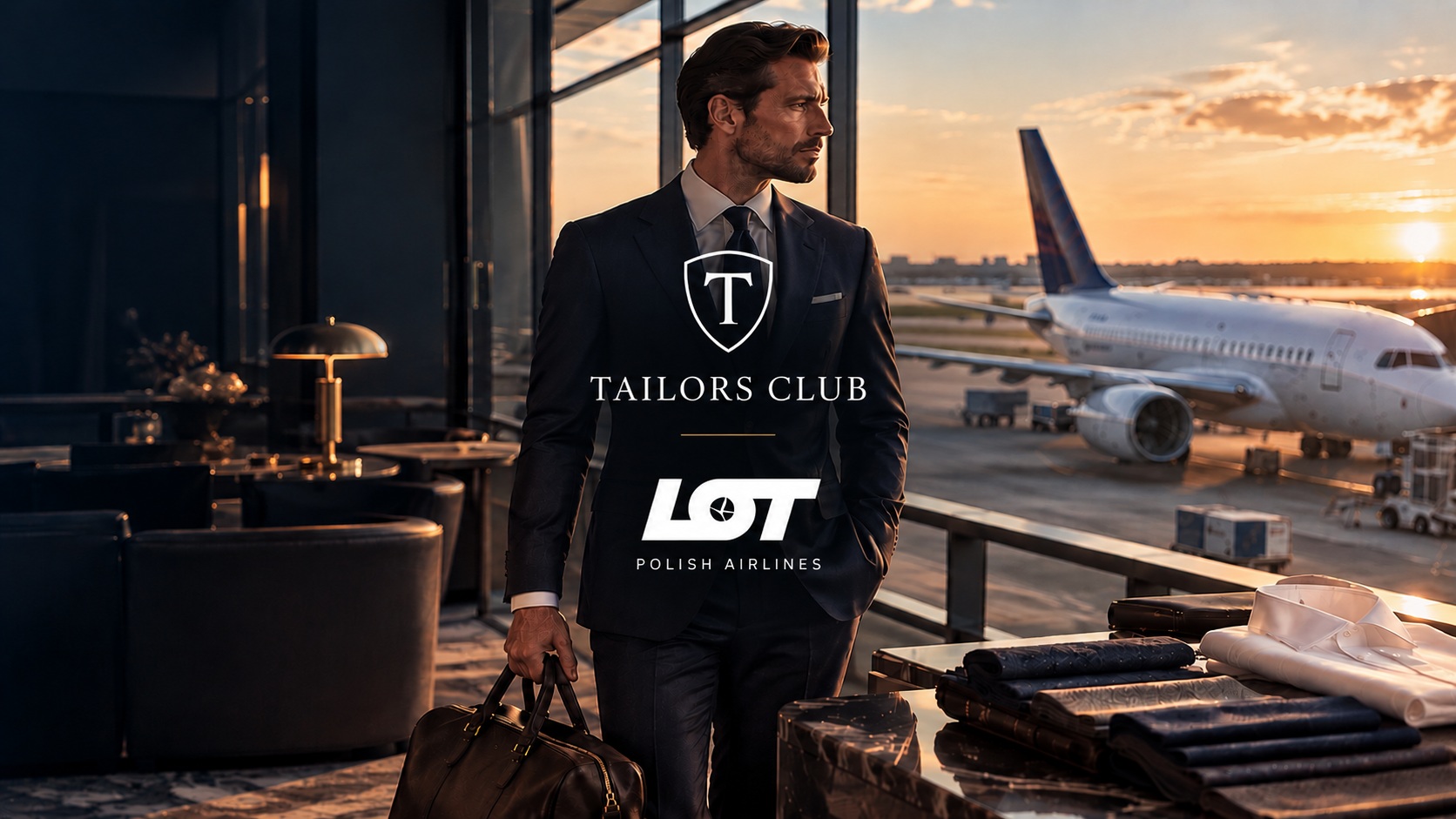 TAILORS CLUB × LOT 1 Tailors Club × LOT — mężczyzna w garniturze w salonie lotniskowym, samolot i logotypy obu marek